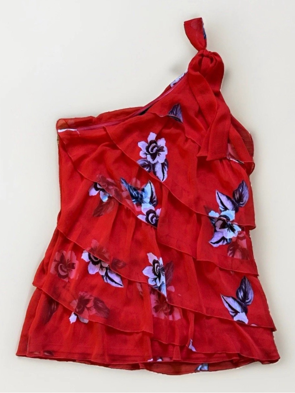 White House Black Market XS One Shoulder Tiered Ruffle Floral Blouse Red